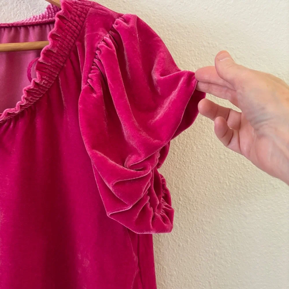 Free People Terese Velvet Top Womens S Fuchsia Pink Puff Sleeve Ruffle Boho